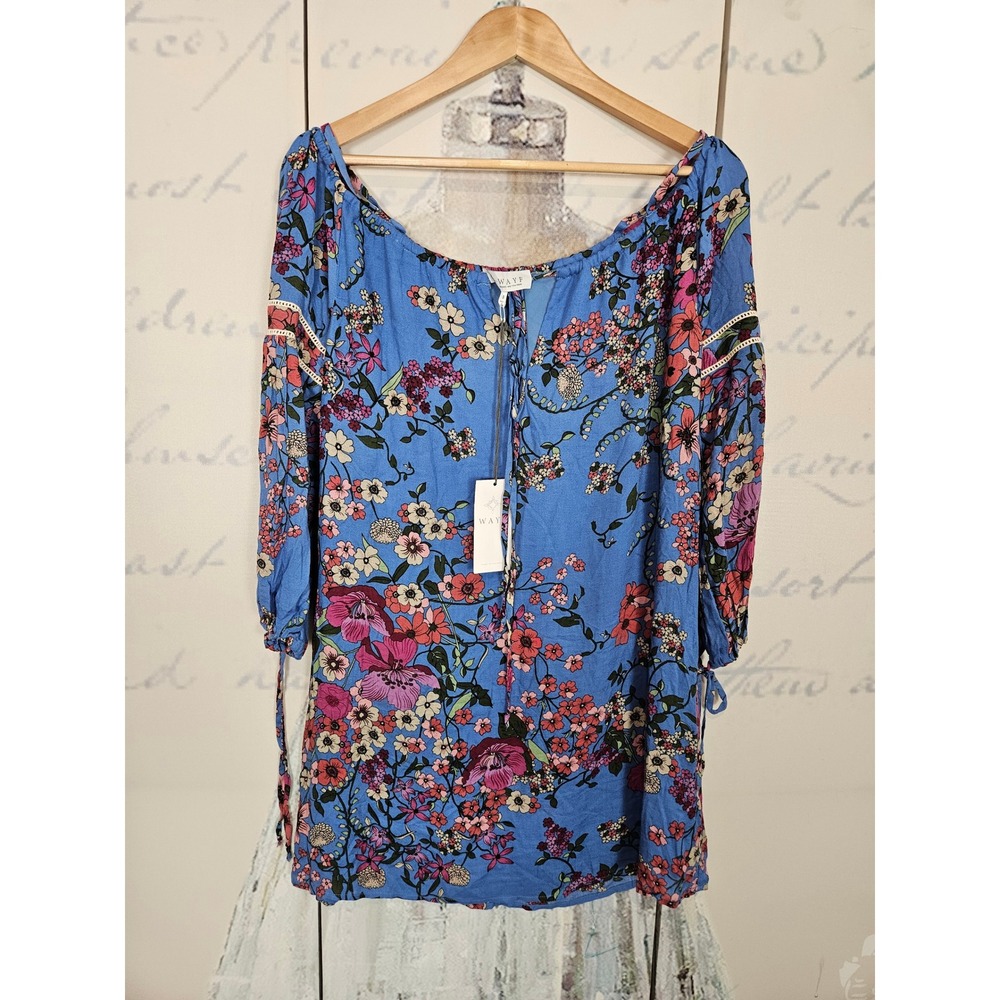 WAYF‎ Blue Floral Off The Shoulder Boho Blouse Crochet Trim Small NWT